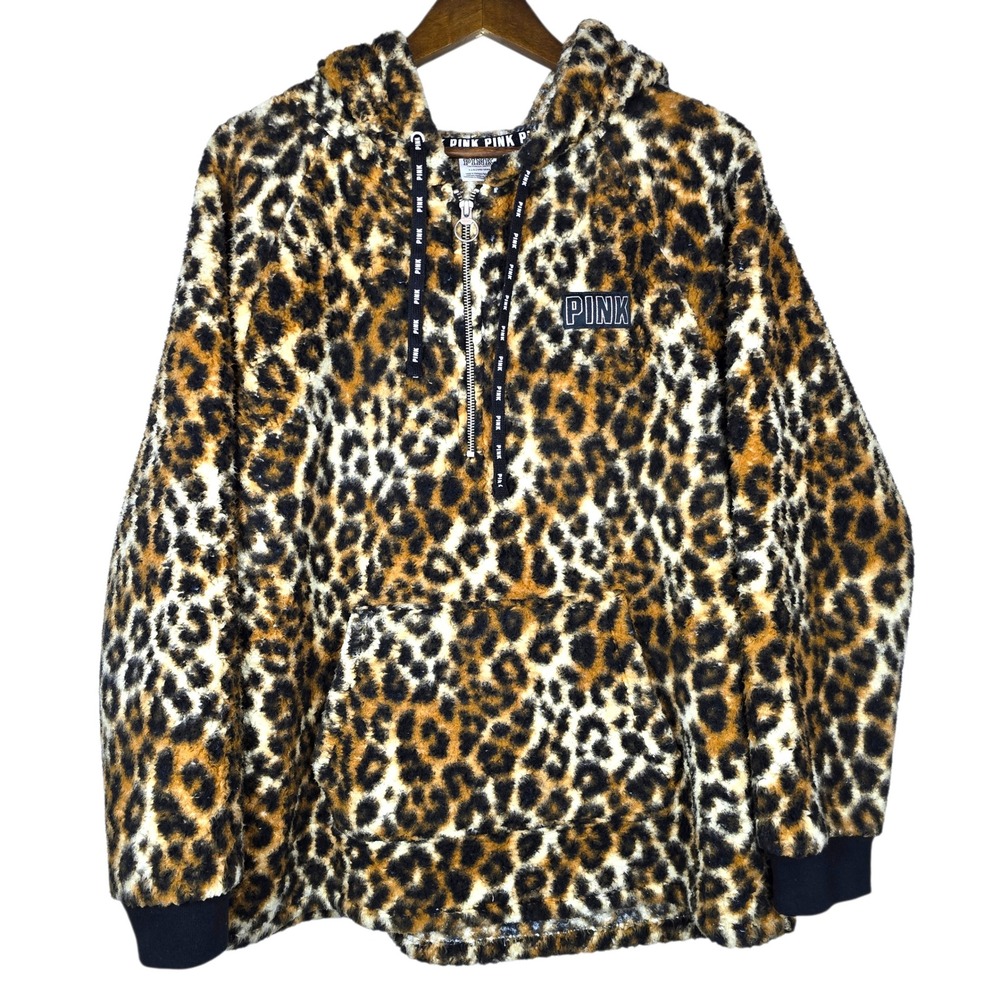 PINK Victoria's Secret Leopard Sherpa Pullover Large Hoodie Slouchy Oversized